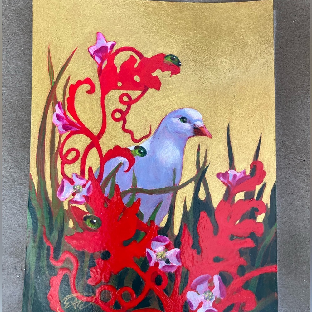 Original Dove Painting Bird Flower Art Gold accent Artwork ladybug surrealism